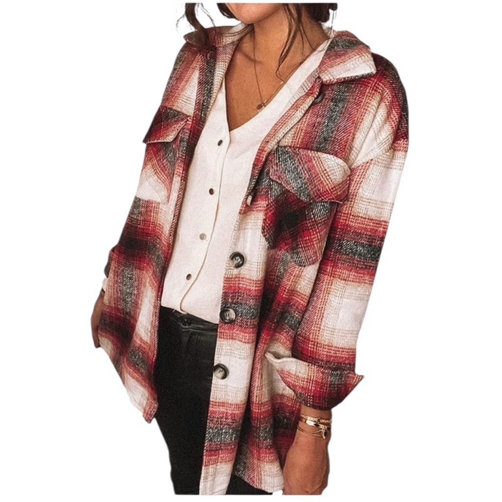 Boutique Red Plaid Long Flannel Shacket Button Down Top‎ Womens M